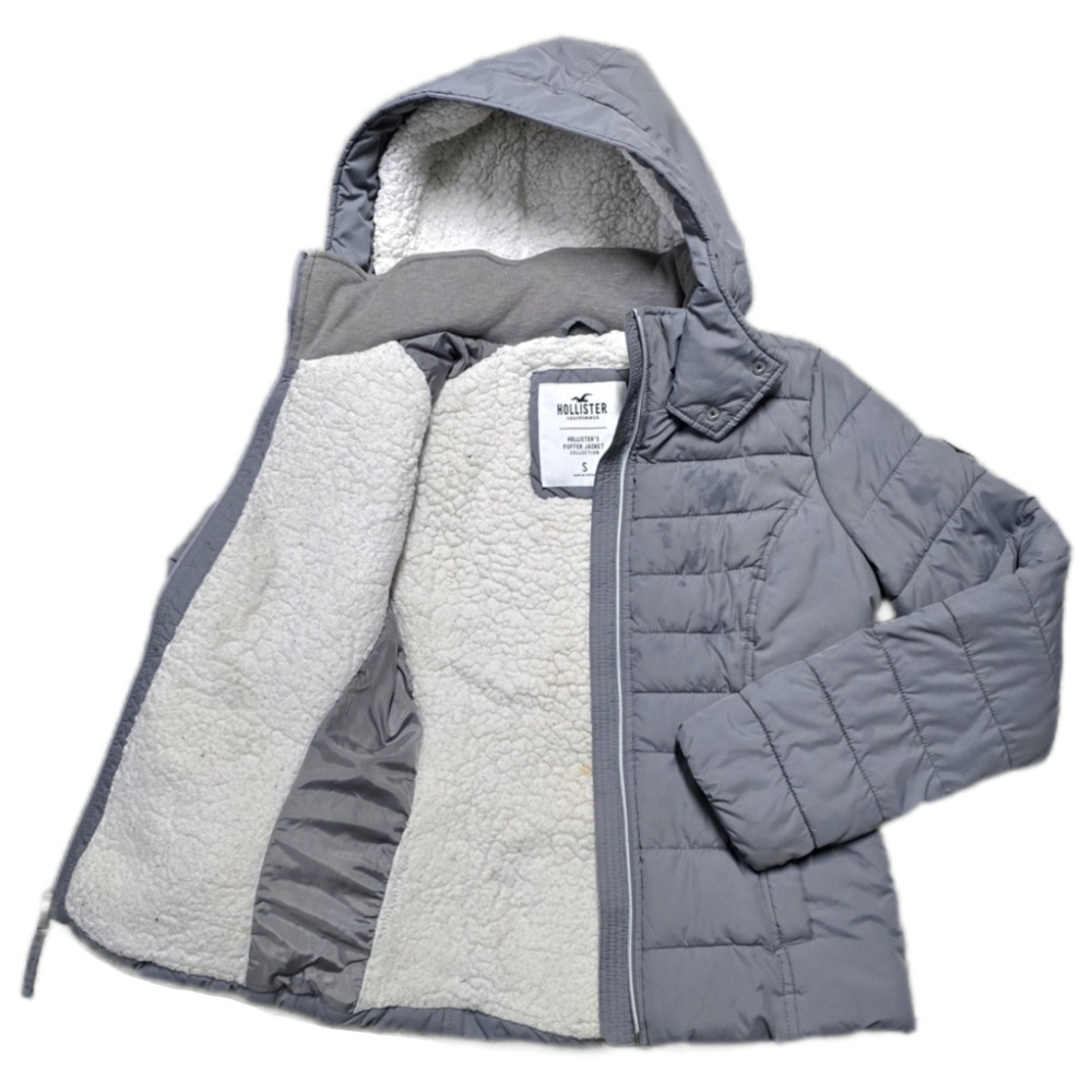 Hollister Gray Sherpa Lined Hooded Puffer Jacket Coat Womens Size‎ Small